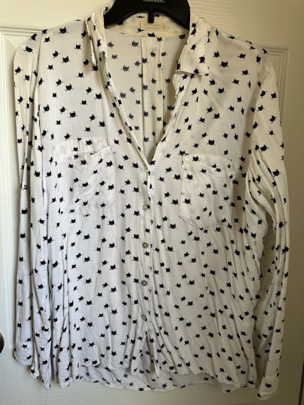 Just Living White Button-Down Shirt with Black Cat Print